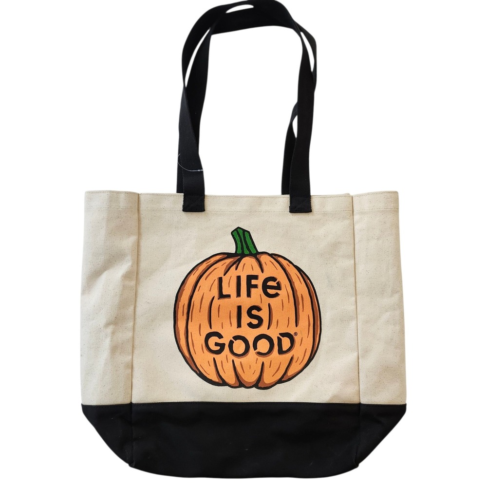 Life is Good Pumpkin Tote Bag Canvas Cream Black Orange Halloween Fall